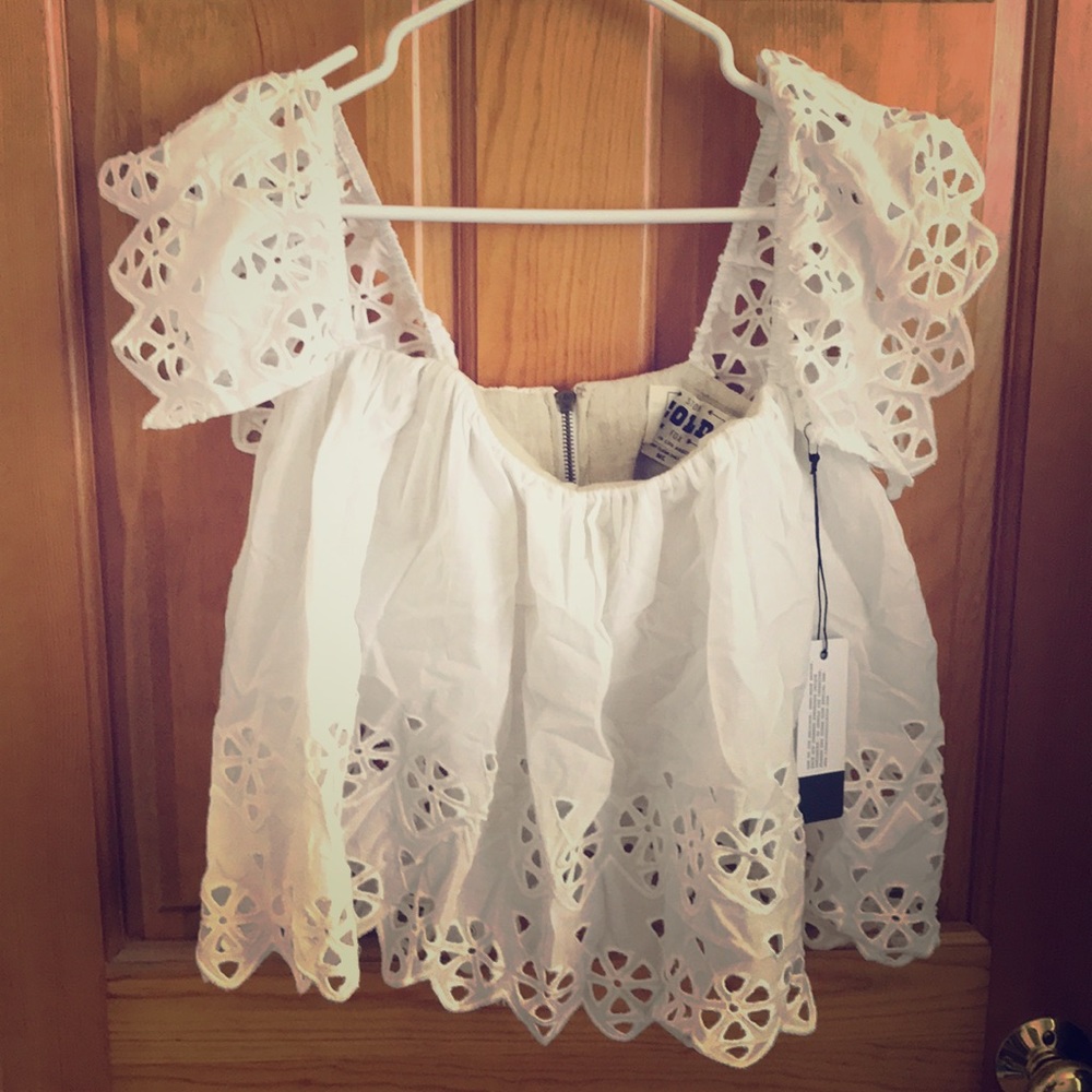 Stone cold fox white eyelet off shoulder crop top